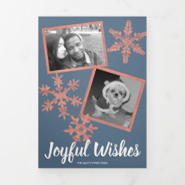 Tarjeta Festiva Tríptica Collage de copos de nieve moderno de color azul ru