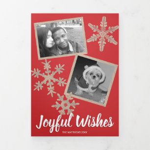 Tarjeta Festiva Tríptica Collage de copos de nieve Rojo Rústico moderno 5 f