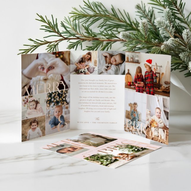 Tarjeta Festiva Tríptica Collage de fotos de familia audaz moderno y brilla (Merry & Bright Modern Bold Family Photo Collage Tri-Fold Pink Holiday Card)