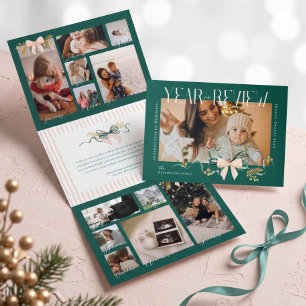 Tarjeta Festiva Tríptica Collage de fotos de Navidad con lazo elegante de r