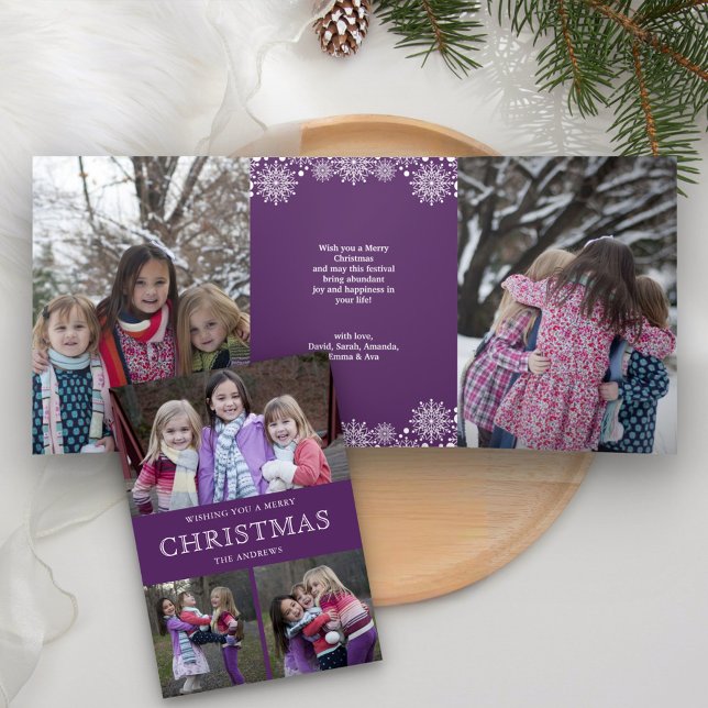 Tarjeta Festiva Tríptica Collage de fotos de Navidades de invierno morado (Subido por el creador)