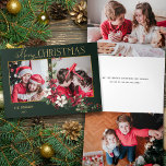 Tarjeta Festiva Tríptica Coloridas fotos de dos fotos de Feliz Navidad Poin<br><div class="desc">Diseño festivo y colorido que presenta una plantilla de dos fotos con personalizado de oro. Gráfica de texto de Feliz Navidad con un spray de puninsettias de Navidades tradicionales y con fondo verde.</div>