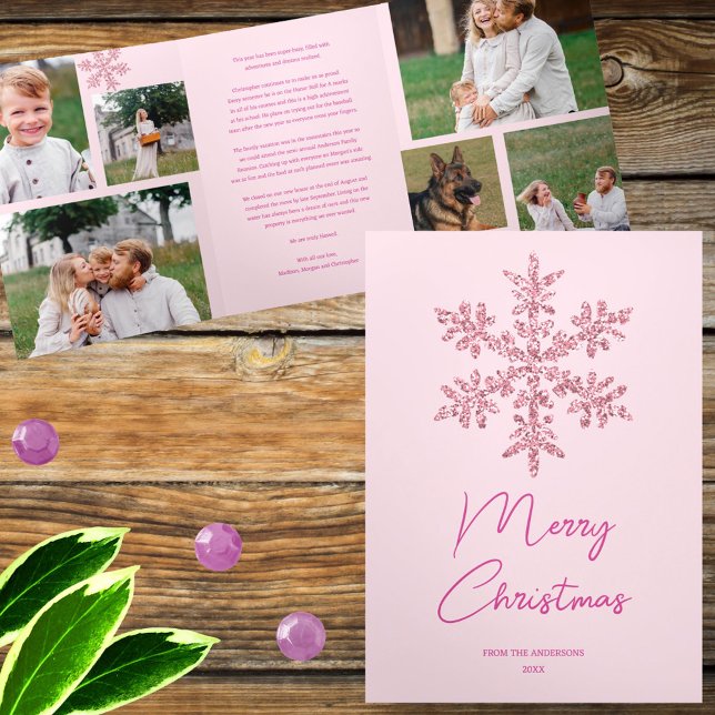 Tarjeta Festiva Tríptica Copo De Nieve Glam Rosa 6 Pic Merry Multi Photo (Add your photos and personalized text for one of a kind pink snowflake holiday greeting cards)