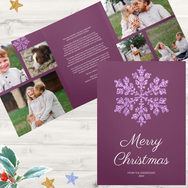 Tarjeta Festiva Tríptica Copo De Snowflake Bling 6 Pic Merry Multi Photo (Easy to personalize, just add your 6 photos using the provided templates)