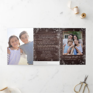 Tarjeta Festiva Tríptica Copos de Madera Rústica Feliz Navidad Fotos