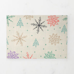 Tarjeta Festiva Tríptica Copos de nieve a mano Árboles de Navidad Multicolo