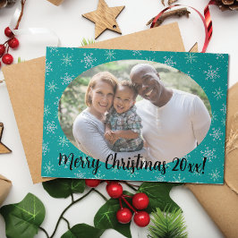 Tarjeta Festiva Tríptica Copos de nieve blancos y Aqua pintados a mano en f