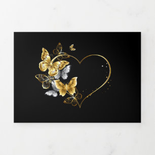 Tarjeta Festiva Tríptica Corazón con mariposas doradas