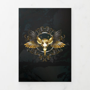 Tarjeta Festiva Tríptica Cráneo de pájaro dorado sobre fondo negro