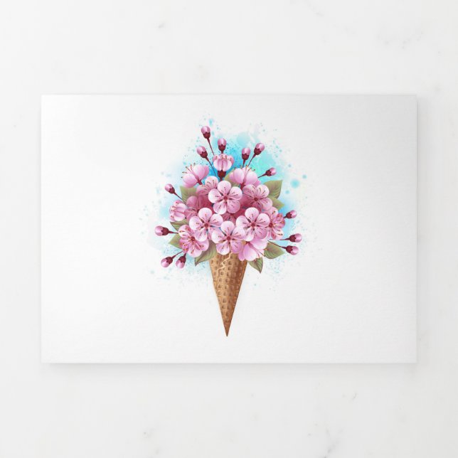 Tarjeta Festiva Tríptica Crema rosa de hielo Sakura Waffle Cone (Foto de portada)