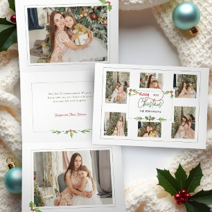 Tarjeta Festiva Tríptica Cuidada acuarela Holly Merry Christmas Multi Photo
