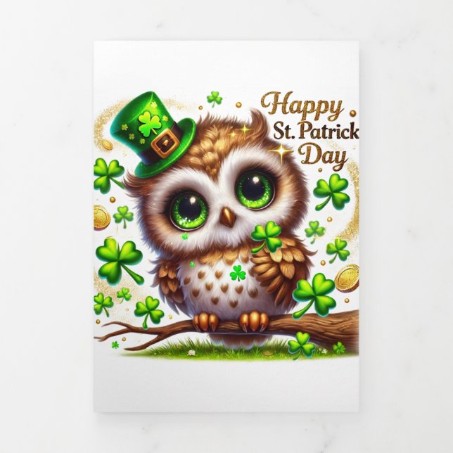 Tarjeta Festiva Tríptica Cute St Patricks Day card with Owl (Foto de portada)