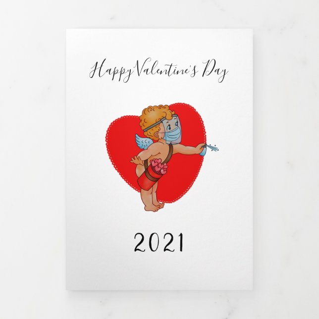 Tarjeta Festiva Tríptica divertida máscara cupido covid 2021 foto de la val (Foto de portada)