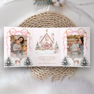 Tarjeta Festiva Tríptica Dulce lazo de coqueta rosa navidad foto del país d