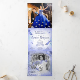 Tarjeta Festiva Tríptica Dusty Blue Dragonfly Princesa Triplia Quinceañera