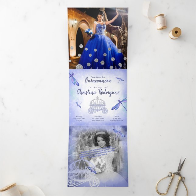 Tarjeta Festiva Tríptica Dusty Blue Dragonfly Princesa Triplia Quinceañera (Interior)