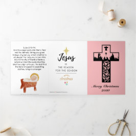 Tarjeta Festiva Tríptica Elegant Nativity Scene Pink Cross Church Christmas