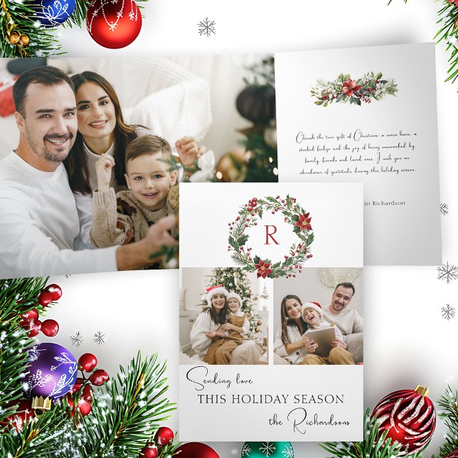 Tarjeta Festiva Tríptica Elegant Winter Botanical Wreath w/Monogram 2-Photo (Subido por el creador)