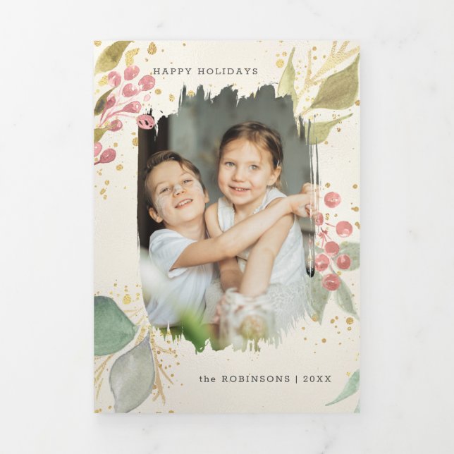 Tarjeta Festiva Tríptica Elegante acuarela Berries y GreenPhoto (Foto de portada)