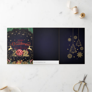 Tarjeta Festiva Tríptica Elegante Navidad Roja Y Dorada Feliz