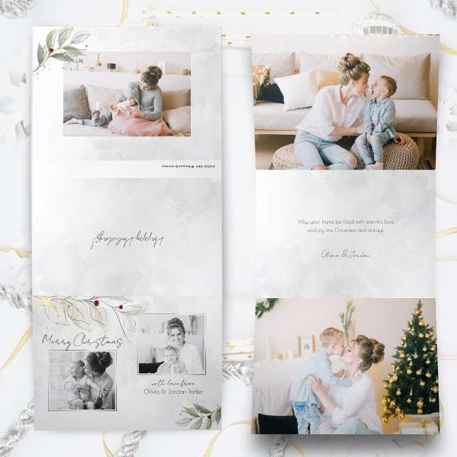 Tarjeta Festiva Tríptica Elegante Navidades de plata moderna Floral 2-Photo (Subido por el creador)