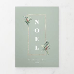 Tarjeta Festiva Tríptica Elegante NOEL Gold Winter Berry Frame Mint