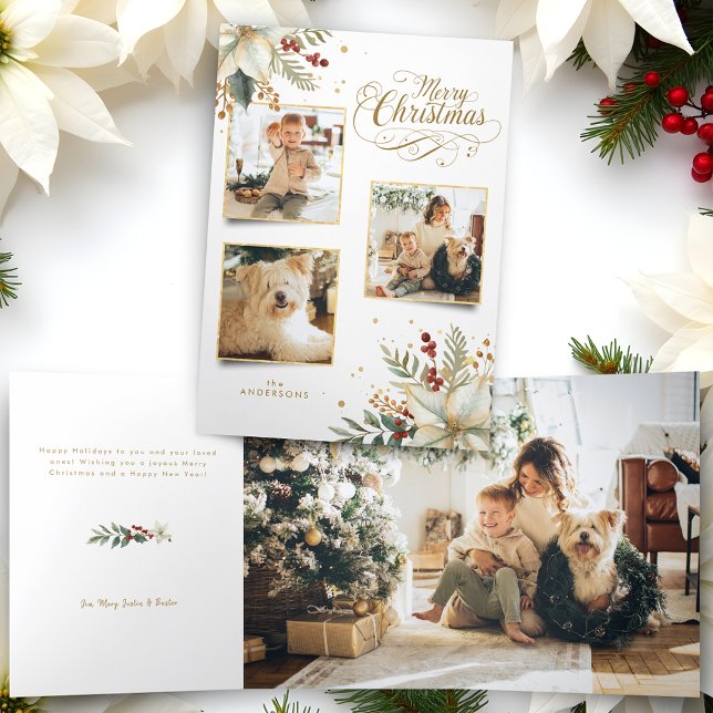 Tarjeta Festiva Tríptica Elegante Oro Feliz Navidad Botánica 3-Foto (Subido por el creador)