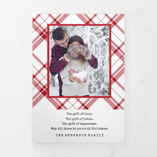 Tarjeta Festiva Tríptica Elegante Red White Plaid
