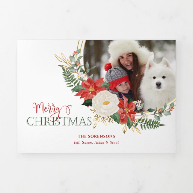 Tarjeta Festiva Tríptica Elegantes Navidades Floral con caligrafía Foto (Foto de portada)