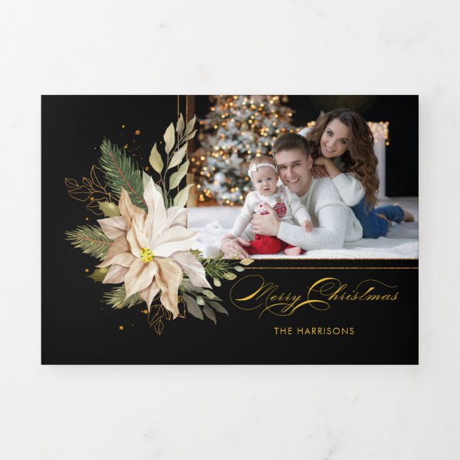 Tarjeta Festiva Tríptica Elegantes poinsettias blancas con verde dorado fot (Foto de portada)