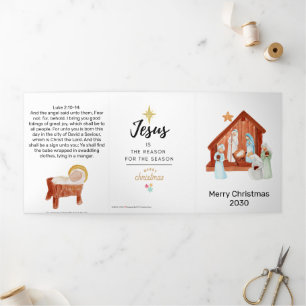Tarjeta Festiva Tríptica Escena Simple de la Natividad Iglesia Navidad