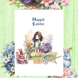 Tarjeta Festiva Tríptica Feliz Bunny de Pascua Tulip Flower Spring Garden