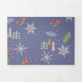 Tarjeta Festiva Tríptica Feliz Navidad Árboles dibujados a mano Flores de n