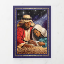 Tarjeta Festiva Tríptica Feliz Navidad. Arte de Natividad Africano-American