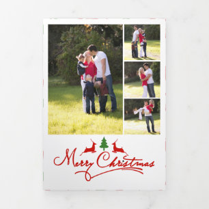 Tarjeta Festiva Tríptica Feliz Navidad ciervo y árbol, fotocolage
