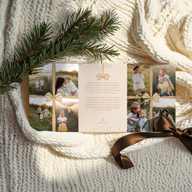 Tarjeta Festiva Tríptica Feliz Navidad Elegante Bow Presente Collage de fot (Merry Christmas Elegant Bow Present Photo Collage Tri-Fold Holiday Card)