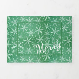 Tarjeta Festiva Tríptica Feliz Navidad Invierno Nieve cayendo foto verde