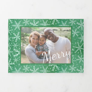 Tarjeta Festiva Tríptica Feliz Navidad Invierno Nieve cayendo foto verde