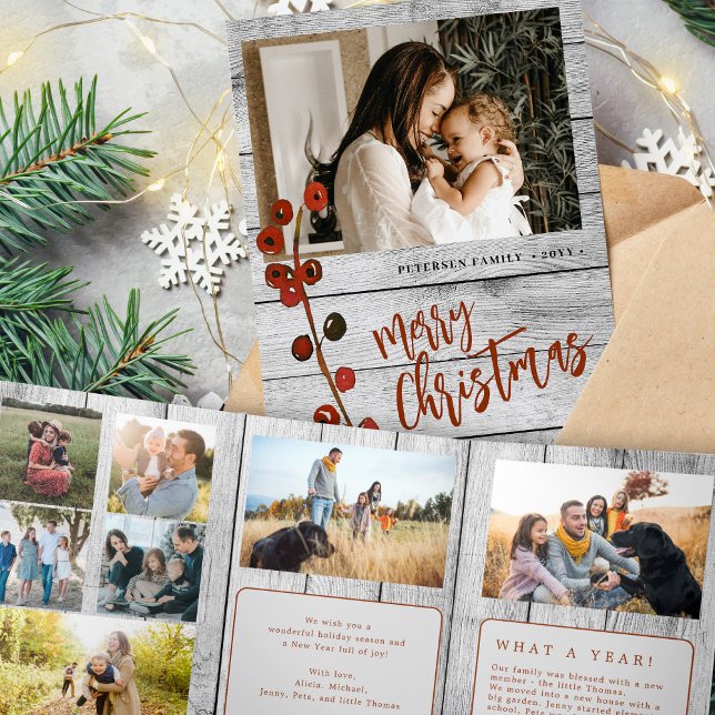 Tarjeta Festiva Tríptica Feliz Navidad multi foto familia madera rústica (Subido por el creador)