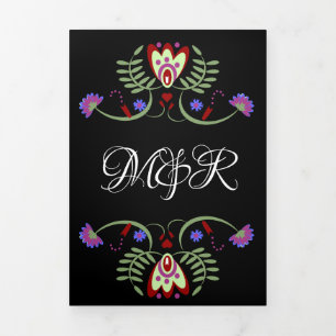 Tarjeta Festiva Tríptica Flores Folclóricas Corazones de Boda Mexicana