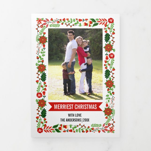 Tarjeta Festiva Tríptica Foto de frontera floral de Merriest Navidades (Foto de portada)