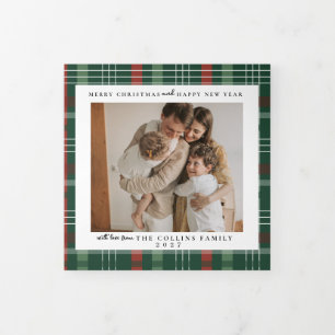 Tarjeta Festiva Tríptica Foto de Navidad personalizada   Familia Verde Rojo