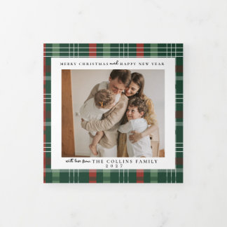 Tarjeta Festiva Tríptica Foto de Navidad personalizada | Familia Verde Rojo