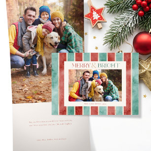 Tarjeta Festiva Tríptica Foto de rayas de Navidad con acuarela festiva