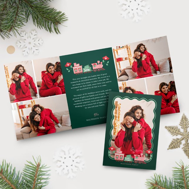 Tarjeta Festiva Tríptica Fotos de entrega de árboles de navidad en el tren  (Pink Vintage Train Christmas Tree Delivery Photos Tri-Fold Holiday Card)