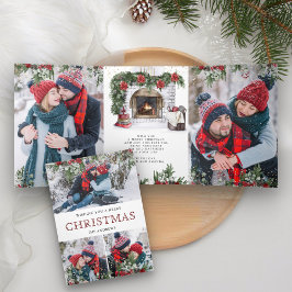 Tarjeta Festiva Tríptica Fuego Floral de Nochebuena en Chimenea Foto Navida