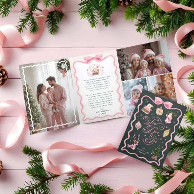 Tarjeta Festiva Tríptica Galería fotográfica de la familia de cintas rosada (Retro Christmas Pink Ribbon Family Photo Gallery Tri-Fold Holiday Card)