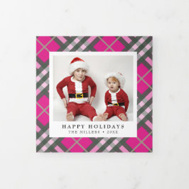 Tarjeta Festiva Tríptica Glam Hot Pink Tartan Plaid Navidades