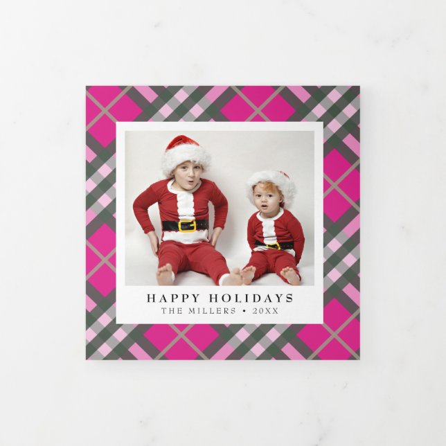 Tarjeta Festiva Tríptica Glam Hot Pink Tartan Plaid Navidades (Foto de portada)