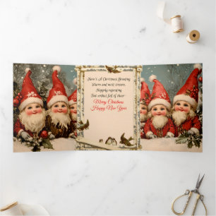 Tarjeta Festiva Tríptica Gnomos de Navidad al estilo antiguo